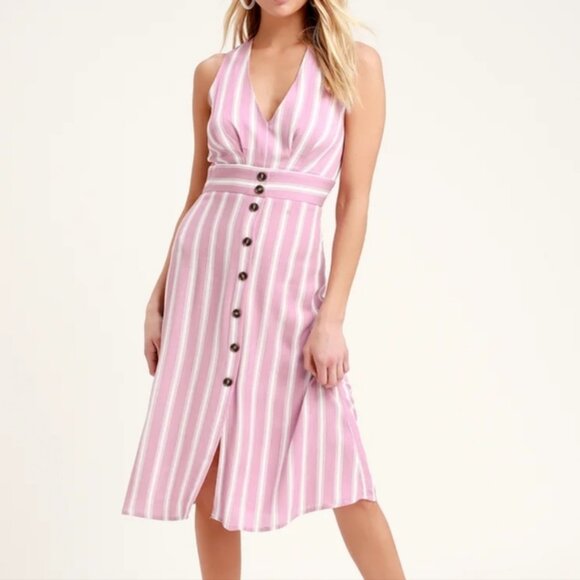 Lulu's Jacqui Lavender and White Striped Button Front Midi Dress - Picture 1 of 10